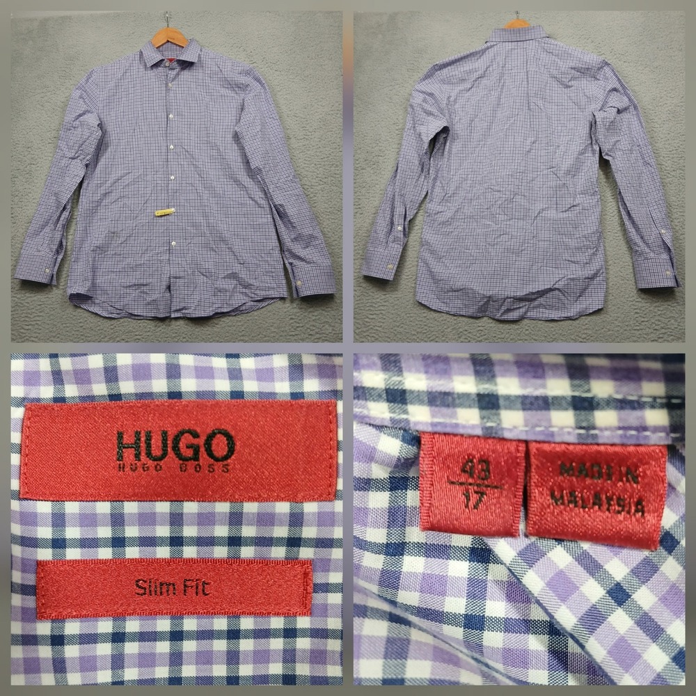 HUGO BOSS HUGO Men's Dress Shirt 16.5 42 Purple Check Slim Fit Made in Malaysia